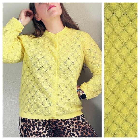 Vintage Cardigan 70s Superbly Detailed Yellow Knit Cardigan Sweater | Size M/L - Picture 1 of 9